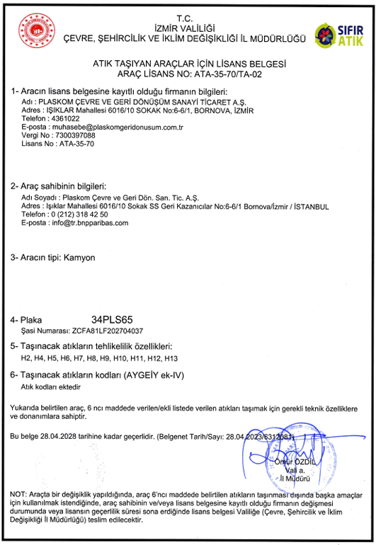 Atık Taşıyan Araç Lisansı 34 PLS 065 PDF önizleme