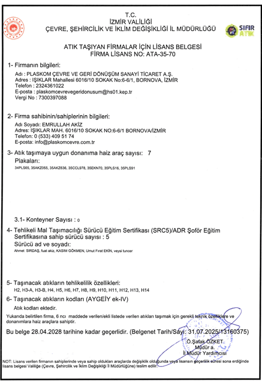 Atık Taşıyan Araç Lisansı 35 AKZ 636 PDF önizleme