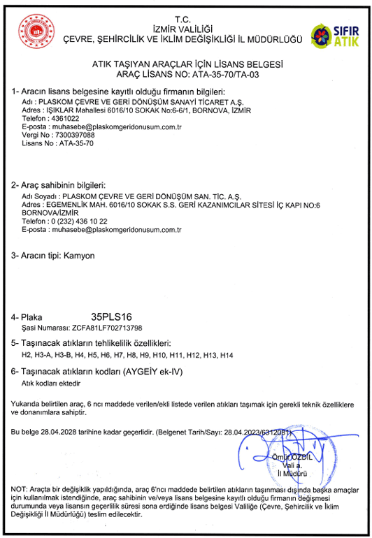 Atık Taşıyan Araç Lisansı 35 PLS 16 PDF önizleme