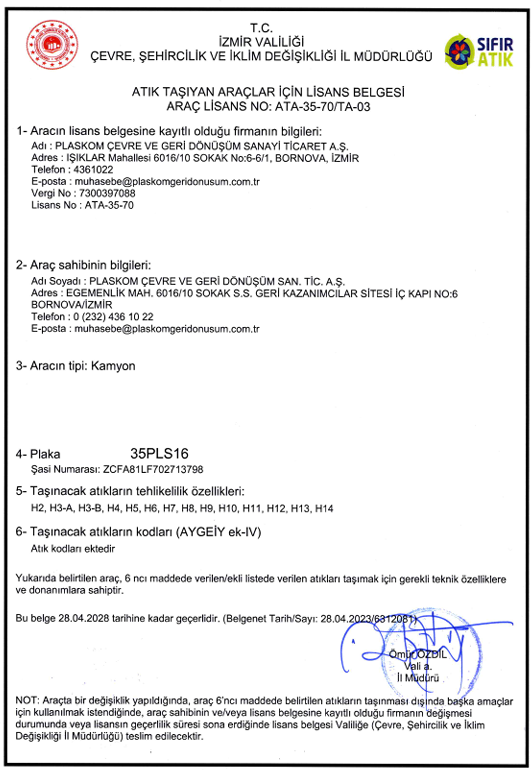 Atık Taşıma Belgesi (35 PLS 16)