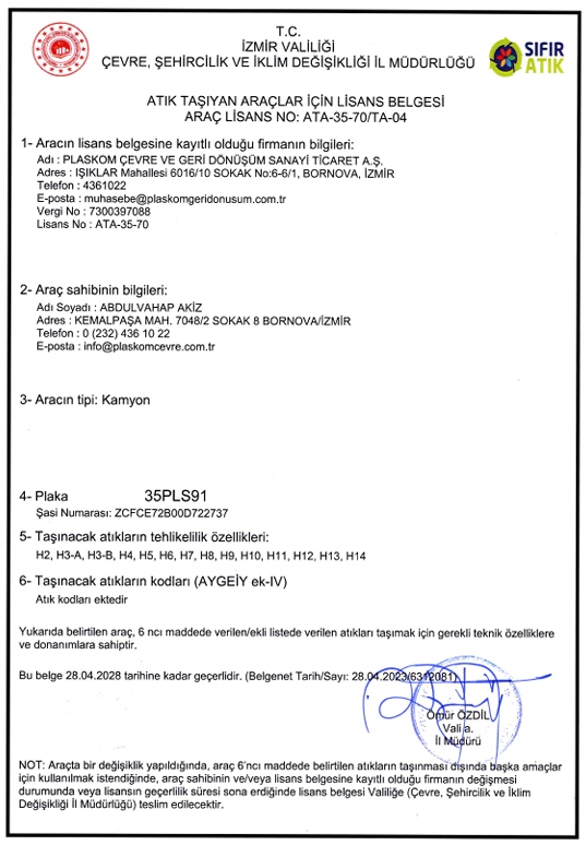 Atık Taşıma Belgesi (35 PLS 91)